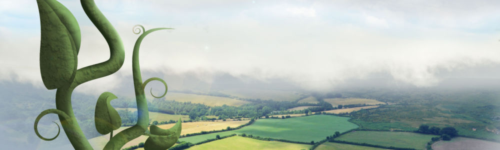 beanstalk in the foreground with fields and a mountaintop castle in the distance