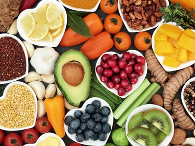 a display of healthy fruits and vegetables  